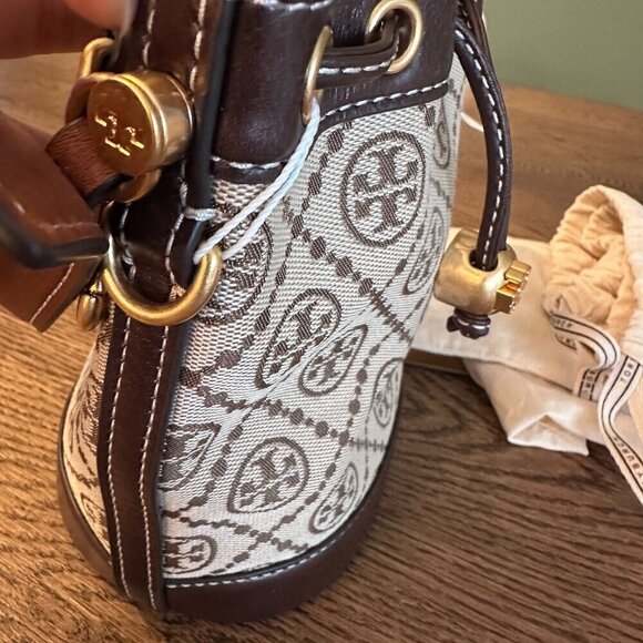 NWT! NEW Tory Burch T Monogram Jacquard Mini Bucket Bag -Tan -leather trim - Picture 12 of 14